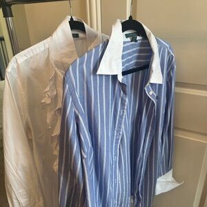 Ralph Lauren Blue and White Striped Button-Down Shirt with White Collar